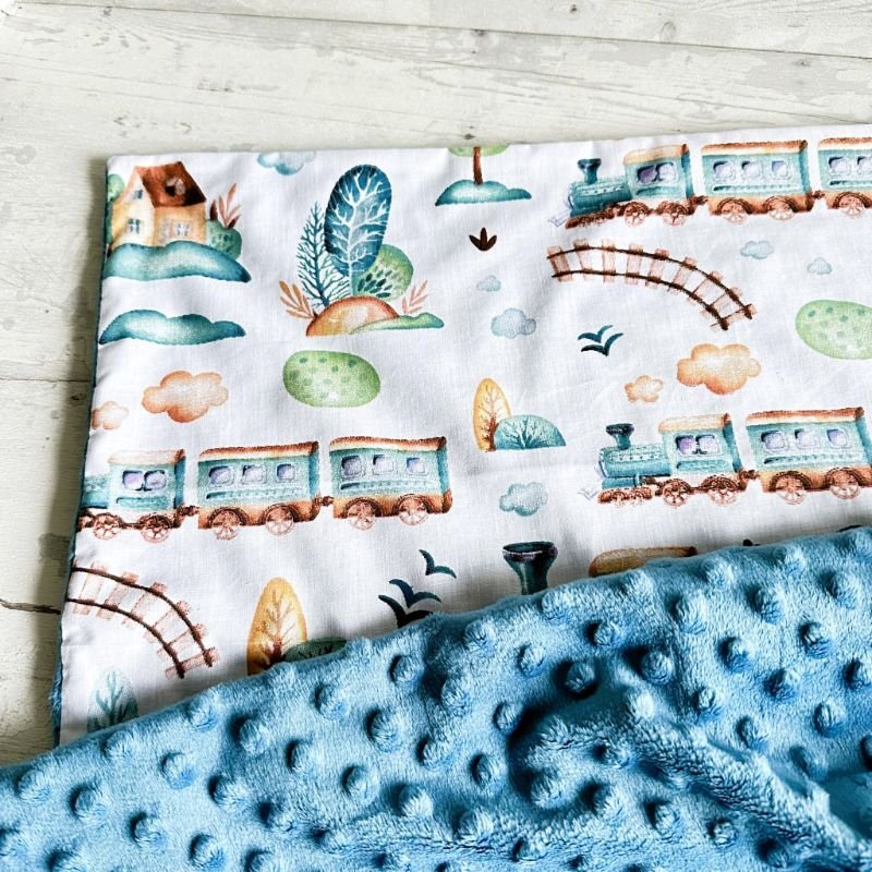 melsvas pledukas su traukinukais