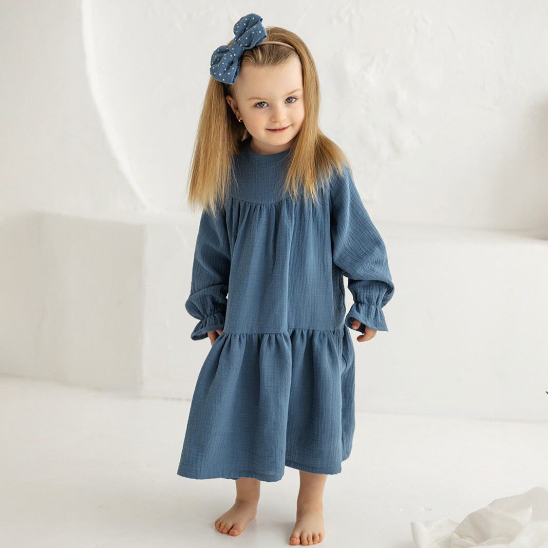 muslino suknele ilgom rankovėm denim blue