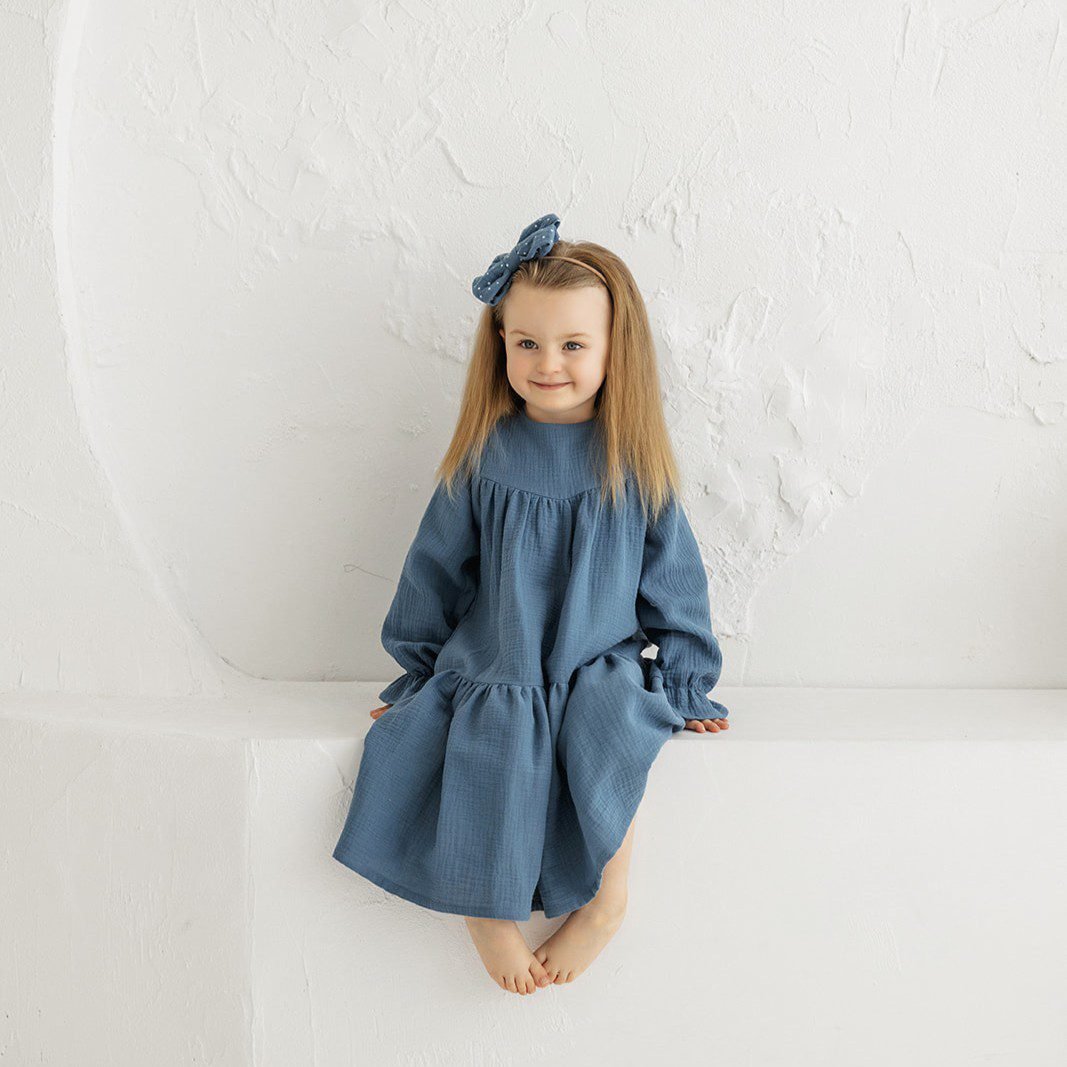 muslino suknele ilgom rankovėm denim blue